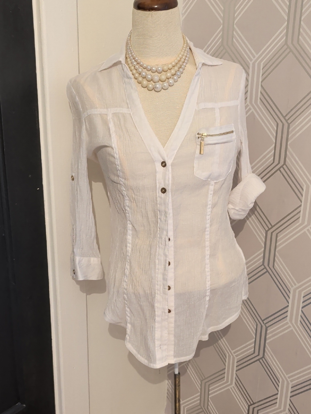 bebe White Semi-Sheer Button-Front Shirt with Zip Pocket